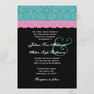 Invitación Monograma P524 del Boda de encaje negro y Aqua Dam