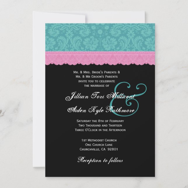 Invitación Monograma P524 del Boda de encaje negro y Aqua Dam (Anverso)