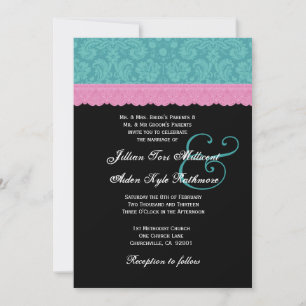 Invitación Monograma P524 del Boda de encaje negro y Aqua Dam