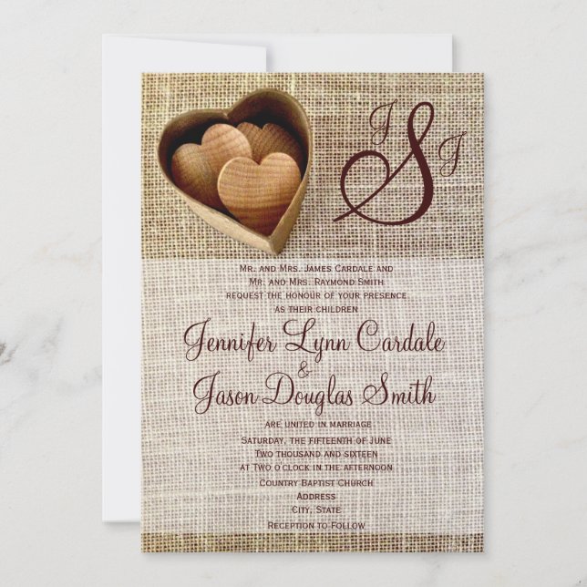 Invitación Monograma País de madera Boda Burlap (Anverso)