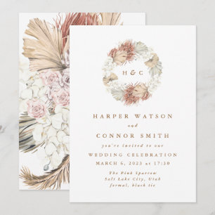 Invitación Monograma Pampas Grass Floral Tropical Blanco