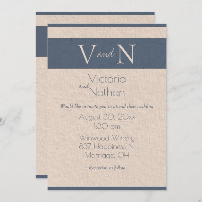 Invitación Monograma Papel azul ventilado Boda moderno (Anverso / Reverso)