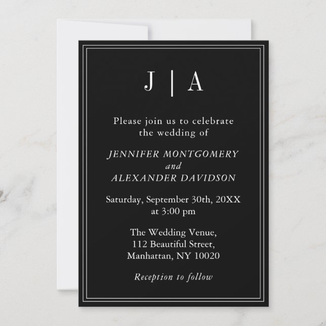 Invitación Monograma Pareja Nombre Moderno Sencillo Blanco Y  (Anverso)