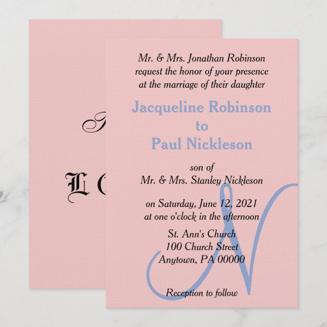 Invitación Monograma Pastel Rosa Azul (Anverso / Reverso)