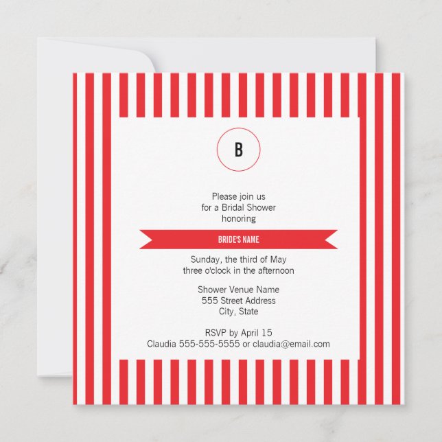 Invitación Monograma patrón de franjas rojas y blancas (Anverso)