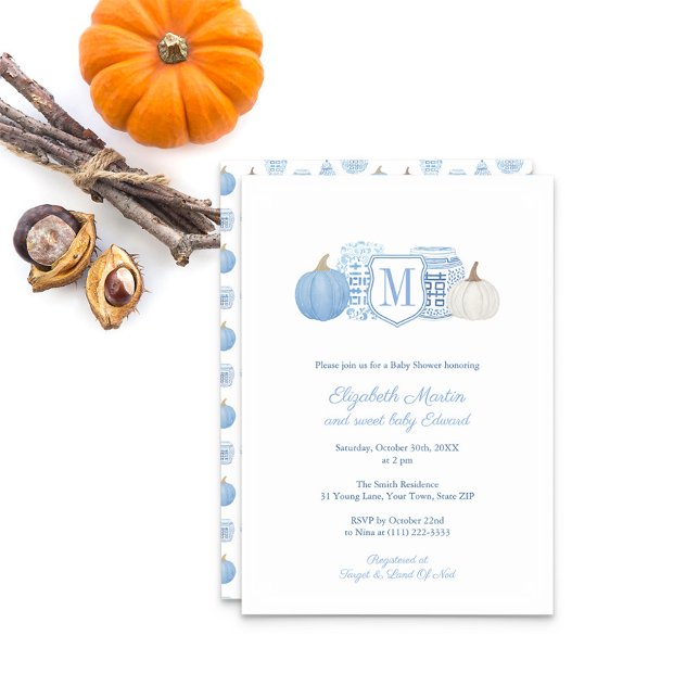 Invitación Monograma Pequeña Calabaza En El Camino Del Niño B (Blue And White Monogram Pumpkins Ginger Jar Baby Shower Party Invitation)