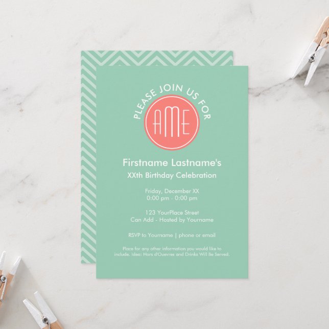 Invitación Monograma personalizado de chevrones de menta y co (Anverso/Reverso In Situ)