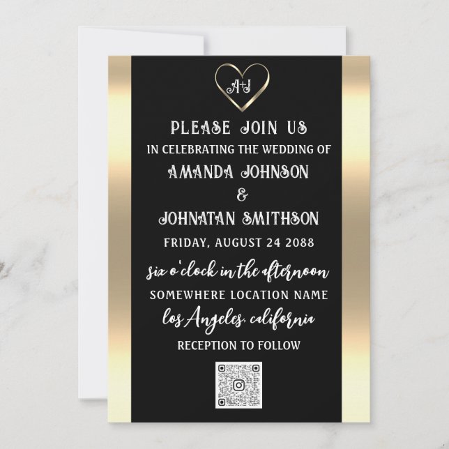 Invitación Monograma Personalizado Foto Código QR Oro Negro (Anverso)