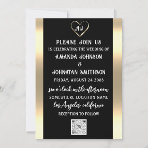 Invitación Monograma Personalizado Foto Código QR Oro Negro