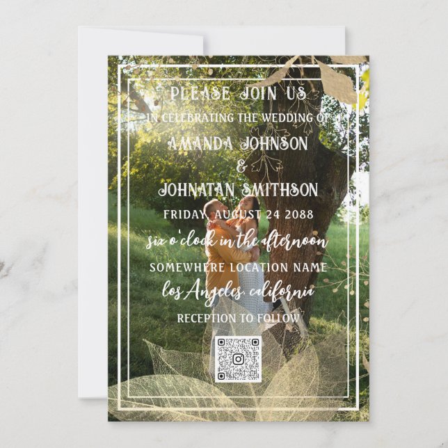 Invitación Monograma Personalizado Foto Código QR Woodland Go (Anverso)