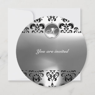 Invitación MONOGRAMA PIEDRA GEMA DAMASCO AGATA negro blanco