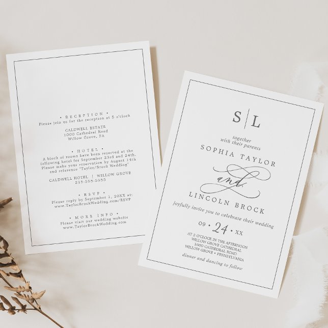 Invitación Monograma plateado romántico Boda de doble cara (Subido por el creador)