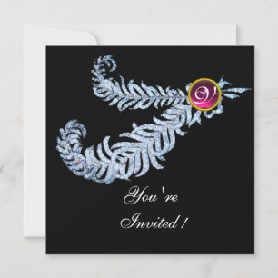 Invitación MONOGRAMA PLUMAS DE DIAMANTE ,rubí rojo ,rosa