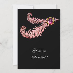 Invitación MONOGRAMA PLUMAS DE DIAMANTE ,rubí rojo ,rosa