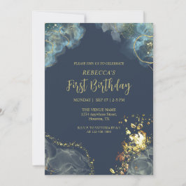 Invitación Monograma Premium de oro azul de la Marina Oscura