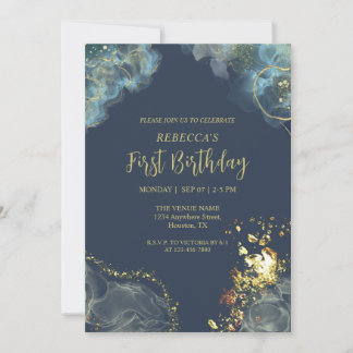 Invitación Monograma Premium de oro azul de la Marina Oscura 
