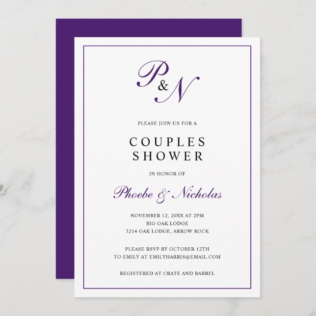 Invitación Monograma púrpura real Parejas Ducha de novia (Anverso / Reverso)