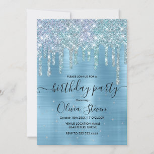 Invitación monograma purpurina de goteo de agua azul de hielo