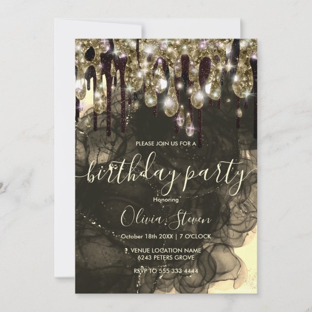 Invitación Monograma purpurina de goteo negro de oro de moda (Anverso)