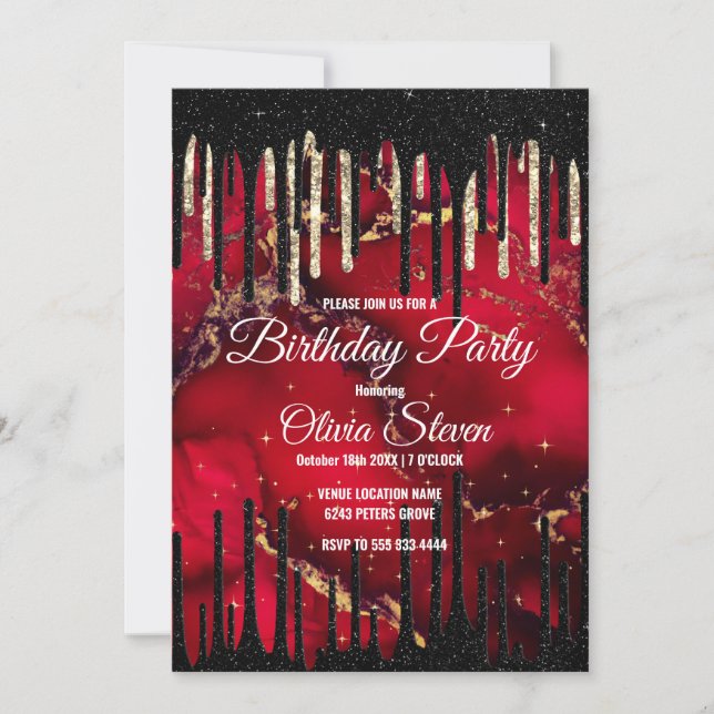 Invitación monograma purpurina de goteo negro rojo de moda (Anverso)