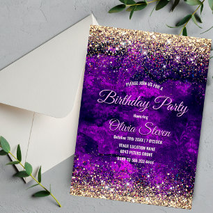 Invitación Monograma purpurina de imitación de oro morado osc