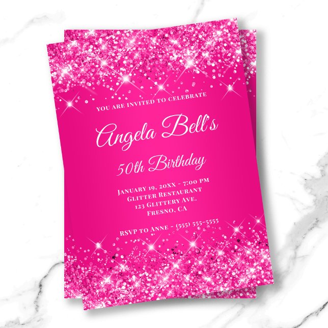 Invitación Monograma Purpurinoso de brillo de ocmbre rosado c (Glittery Hot Pink Ombre Fancy Monogram Invitation)