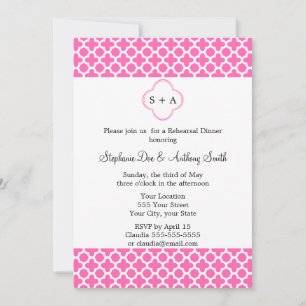 Invitación Monograma Quatrefoil Rosado Caliente Ensayo Cena