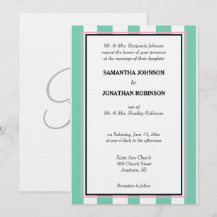 Invitación Monograma Rayas de Cabana Verde Agua Rosa Blanco