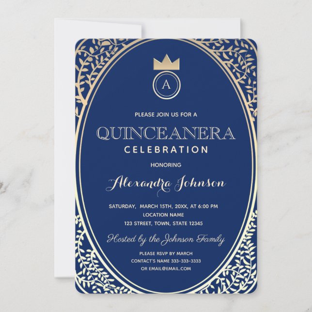 Invitación Monograma real azul y oro de Quinceanera (Anverso)