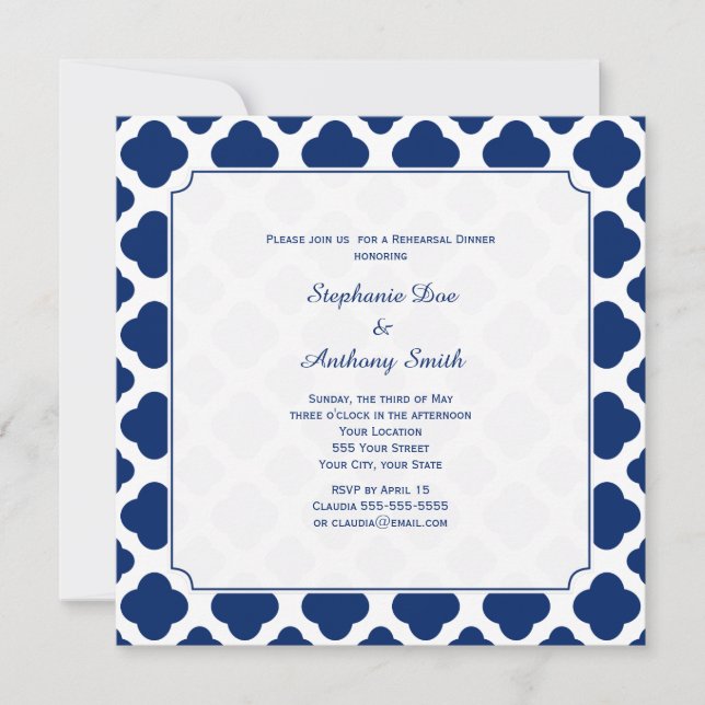 Invitación Monograma Real Catálogo Azul Quatrefoil Cena (Anverso)