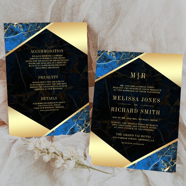 Invitación Monograma real de mármol de oro azul en un solo Bo (Subido por el creador)