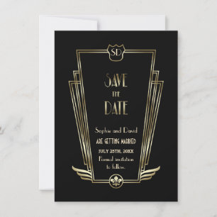 Invitación Monograma real de oro negro Art Deco Guardar la fe