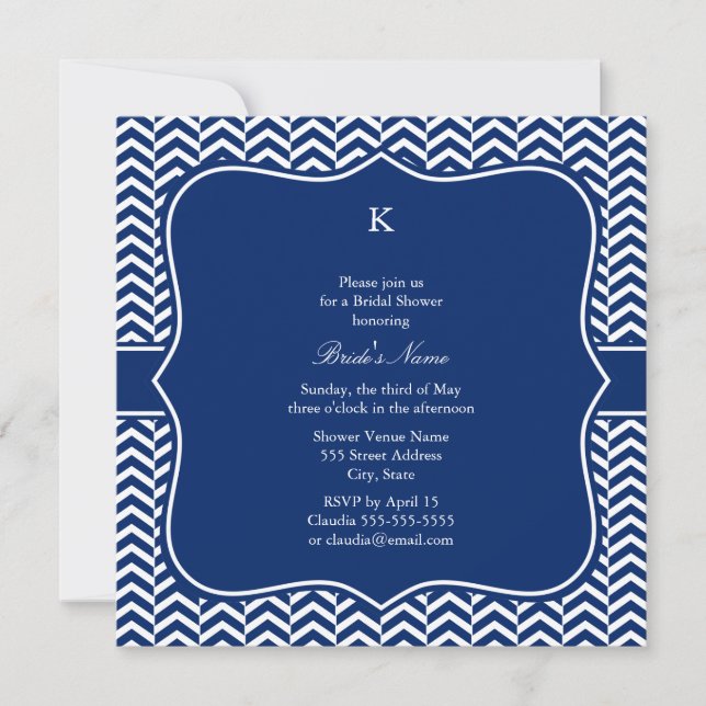 Invitación Monograma Real Patrón de Chevron Azul Novia (Anverso)