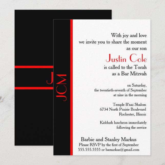 Invitación Monograma Red Black Bar Mitzvah sobre blanco (Anverso / Reverso)