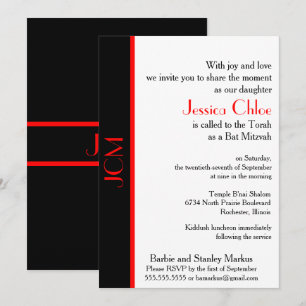Invitación Monograma Red Black Bat Mitzvah sobre blanco