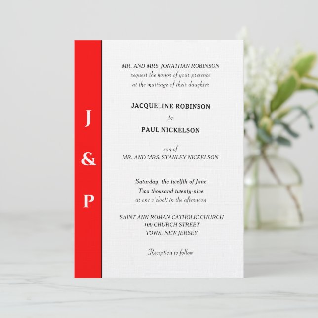 Invitación Monograma Rojo Blanco Minimalista  (Anverso de pie)