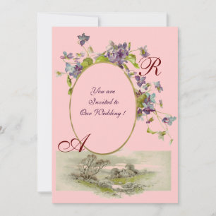 Invitación MONOGRAMA ROMÁNTICA / VIOLETAS, verde púrpura, ros