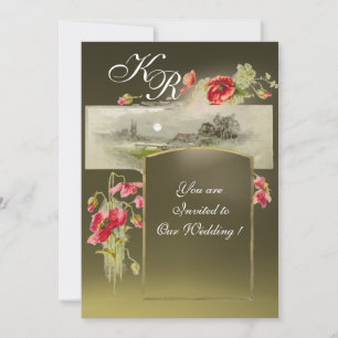 Invitación MONOGRAMA ROMÁNTICO /AMAPOLAS, ágata roja, verde g