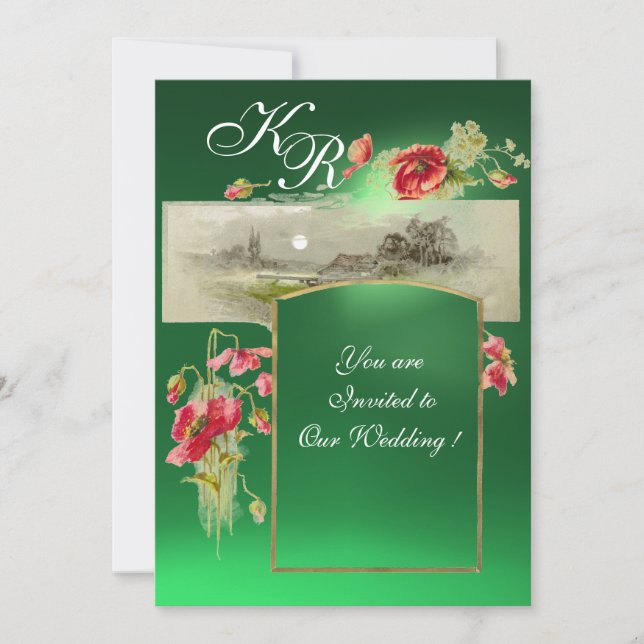 Invitación MONOGRAMA ROMÁNTICO / AMAPOLAS, rojo, jade verde (Anverso)