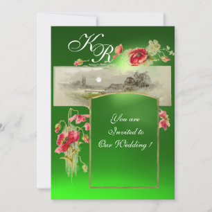 Invitación MONOGRAMA ROMÁNTICO / AMAPOLAS, rojo, verde esmera