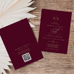 Invitación Monograma romántico de borgoña Código QR Boda post<br><div class="desc">Esta romántica invitación a bodas con código QR en monograma burdeos es perfecta para un simple boda. El moderno diseño clásico presenta vistosos remolinos y florituras con una preciosa y elegante tipografía de Relieve metalizado de oro con chaflán a mano con letras falsas y oro. Guarde el papel incluyendo un...</div>
