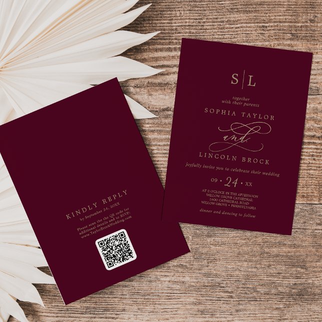 Invitación Monograma romántico de borgoña Código QR Boda post (Subido por el creador)