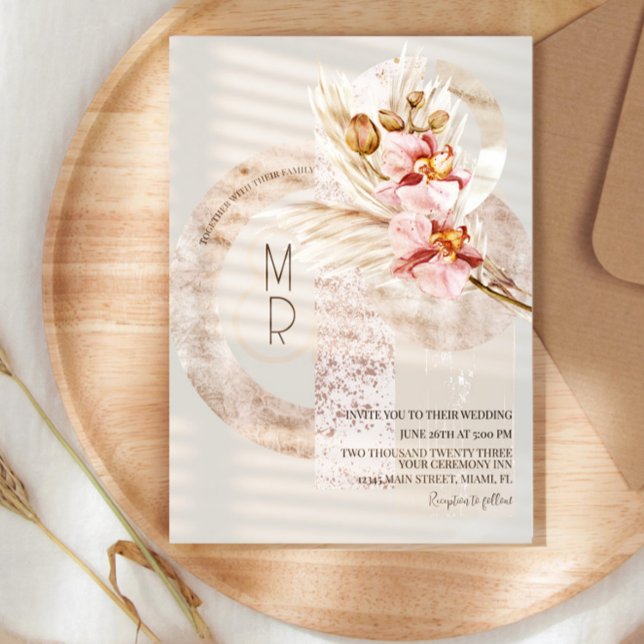Invitación Monograma rosa beige bohemio Pampas Boda B (Subido por el creador)