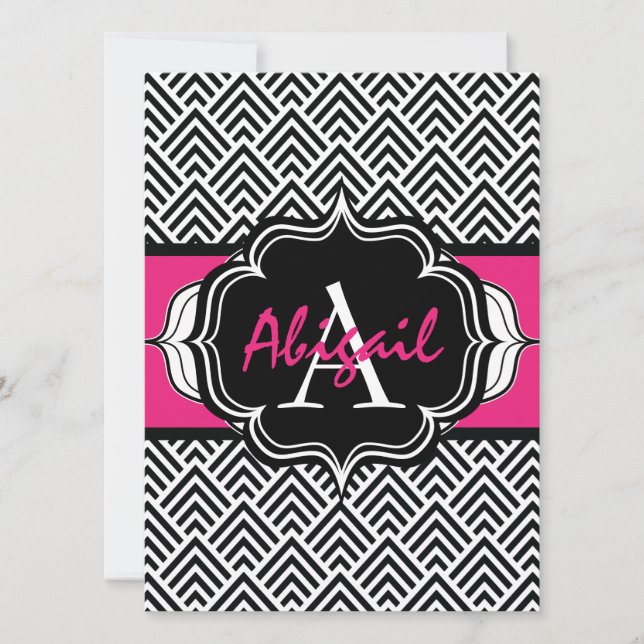 Invitación Monograma rosa caliente de la Moda Chevron (Anverso)
