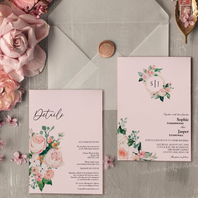Invitación Monograma Rosa Floral De Rubor Todo En Un Boda (Subido por el creador)