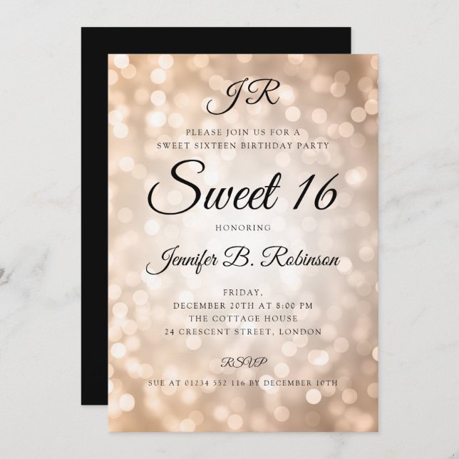 Invitación Monograma Rosa Oro Luces Dulce 16 Cumpleaños (Anverso / Reverso)