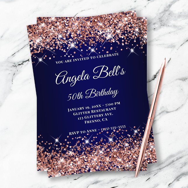 Invitación Monograma Rosa Purpurina Oro Azul Ombre Fancy (Subido por el creador)