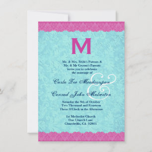Invitación Monograma rosa y Aqua Lace Boda F585
