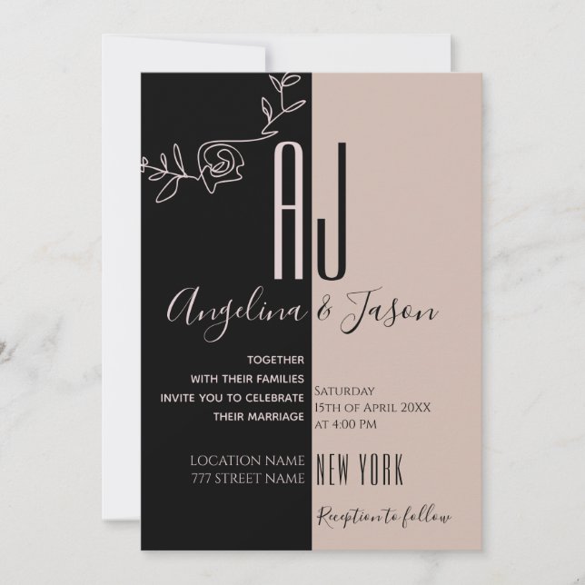 Invitación Monograma rosa y negro Boda (Anverso)