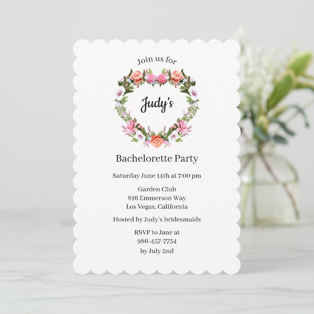 Invitación Monograma Rosas Floral Heart Bachelorette Party (Anverso de pie)